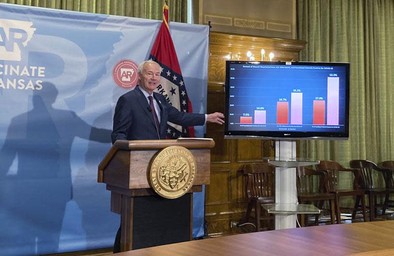 In this July 29, 2021 file photo, Arkansas Gov. Asa Hutchinson stands next to a chart displaying COVID-19 hospitalization data as he speaks at a news conference at the state Capitol in Little Rock, Ark. (AP Photo/Andrew DeMillo)