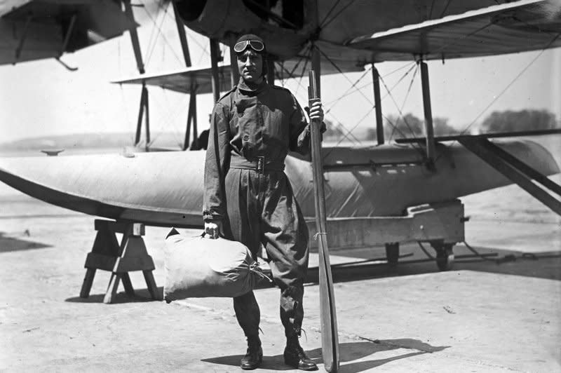 U.S. Navy Lt. Com. Richard E. Byrd stands in front of a Vought VE-7 Bluebird seaplane. On May 9, 1926, Byrd and Floyd Bennett were the first to fly over the North Pole. File Photo by Library of Congress/UPI