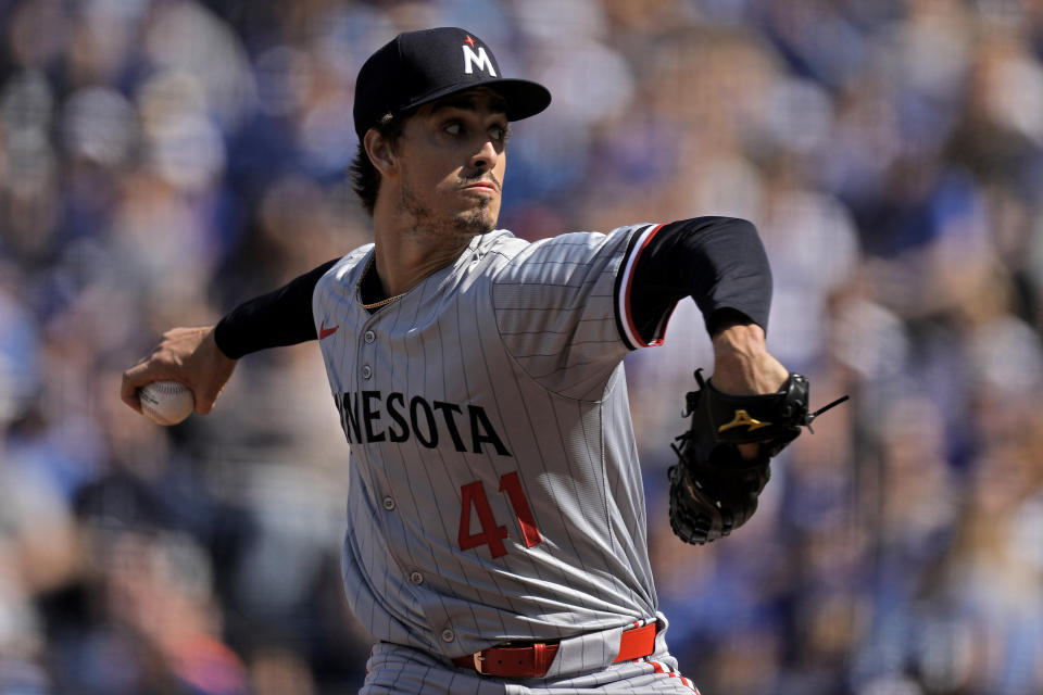 Minnesota Twins starting pitcher Joe Ryan throws during the first inning of a baseball game against the Kansas City Royals Saturday, March 30, 2024, in Kansas City, Mo. (AP Photo/Charlie Riedel)