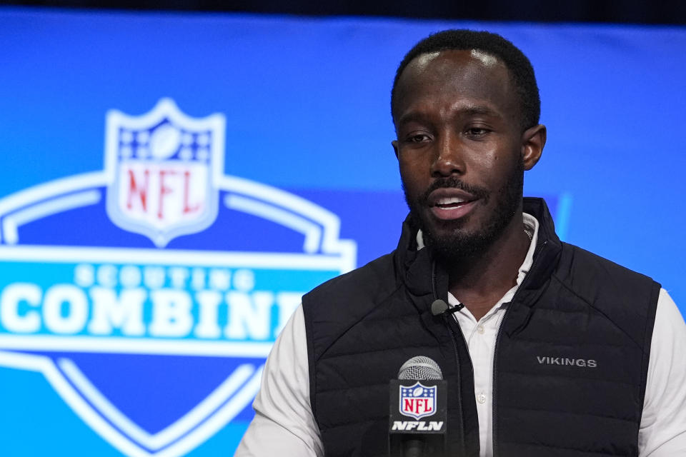 Minnesota Vikings general manager Kwesi Adofo-Mensah speaks during a press conference at the NFL football scouting combine in Indianapolis, Tuesday, Feb. 27, 2024. (AP Photo/Michael Conroy)