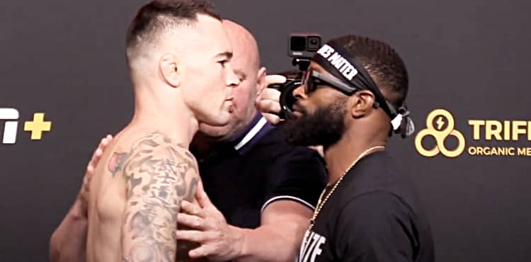 UFC Vegas 11 staredown - Colby Covington and Tyron Woodley