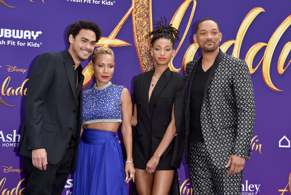 Trey Smith, Jada Pinkett Smith, Willow Smith and Will Smith &mdash; but no Jaden Smith &mdash; at the premiere of Disney's "Aladdin" on Tuesday. (Photo: Axelle/Bauer-Griffin via Getty Images)