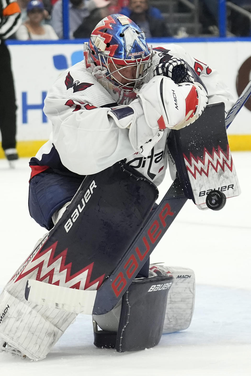 Washington Capitals goaltender Charlie Lindgren (79) makes a blocker save on a shot by the Tampa Bay Lightning during the second period of an NHL hockey game Thursday, Feb. 22, 2024, in Tampa, Fla. (AP Photo/Chris O'Meara)