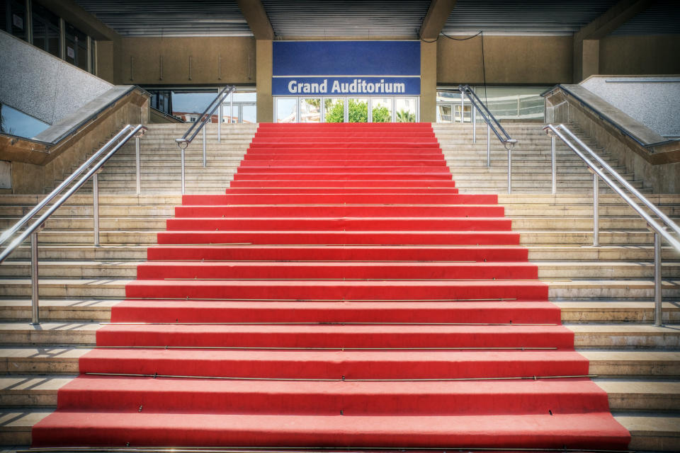 The famous red carpet at the Grand Auditorium in Cannes, France.