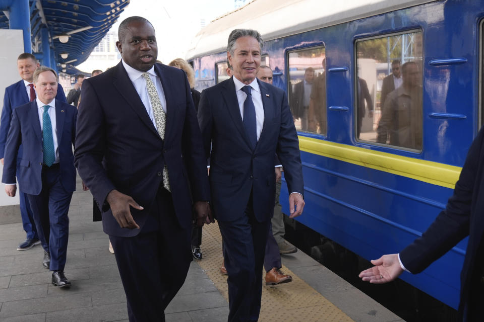 U.S. Secretary of State Antony Blinken and British Foreign Secretary David Lammy arrive at the train station in Kyiv, Ukraine, Wednesday, Sept. 11, 2024. (AP Photo/Mark Schiefelbein, Pool)