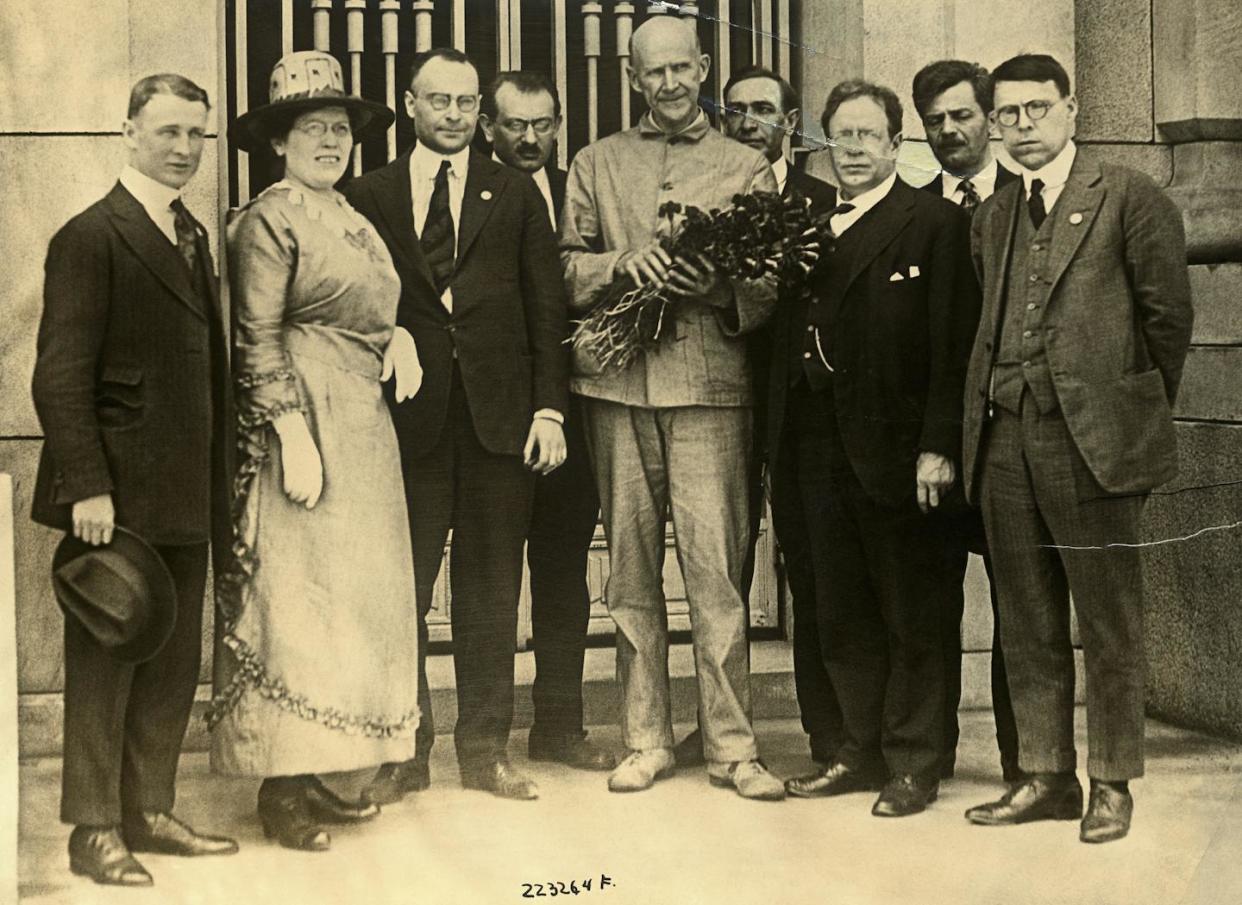 Eugene Debs, center, imprisoned at the Atlanta Federal Prison, was notified of his nomination for the presidency on the socialist ticket by a delegation of leading socialists who came from New York to Atlanta. <a href="https://www.gettyimages.com/detail/news-photo/for-the-first-time-in-history-a-candidate-for-president-has-news-photo/530858130?adppopup=true" rel="nofollow noopener" target="_blank" data-ylk="slk:George Rinhart/Corbis via Getty Images;elm:context_link;itc:0;sec:content-canvas" class="link ">George Rinhart/Corbis via Getty Images</a>