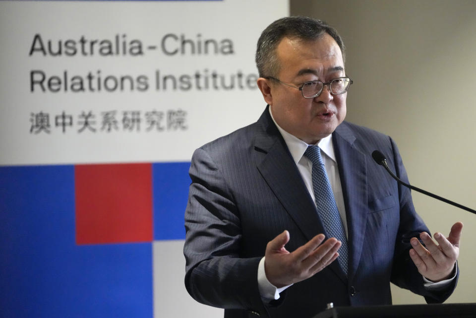 Liu Jianchao, Minister of the International Department of the Central Committee of the Communist Party of China, gestures as he delivers an address at University of Technology Sydney, in Sydney, Australia, Tuesday, Nov. 28, 2023. (AP Photo/Mark Baker)