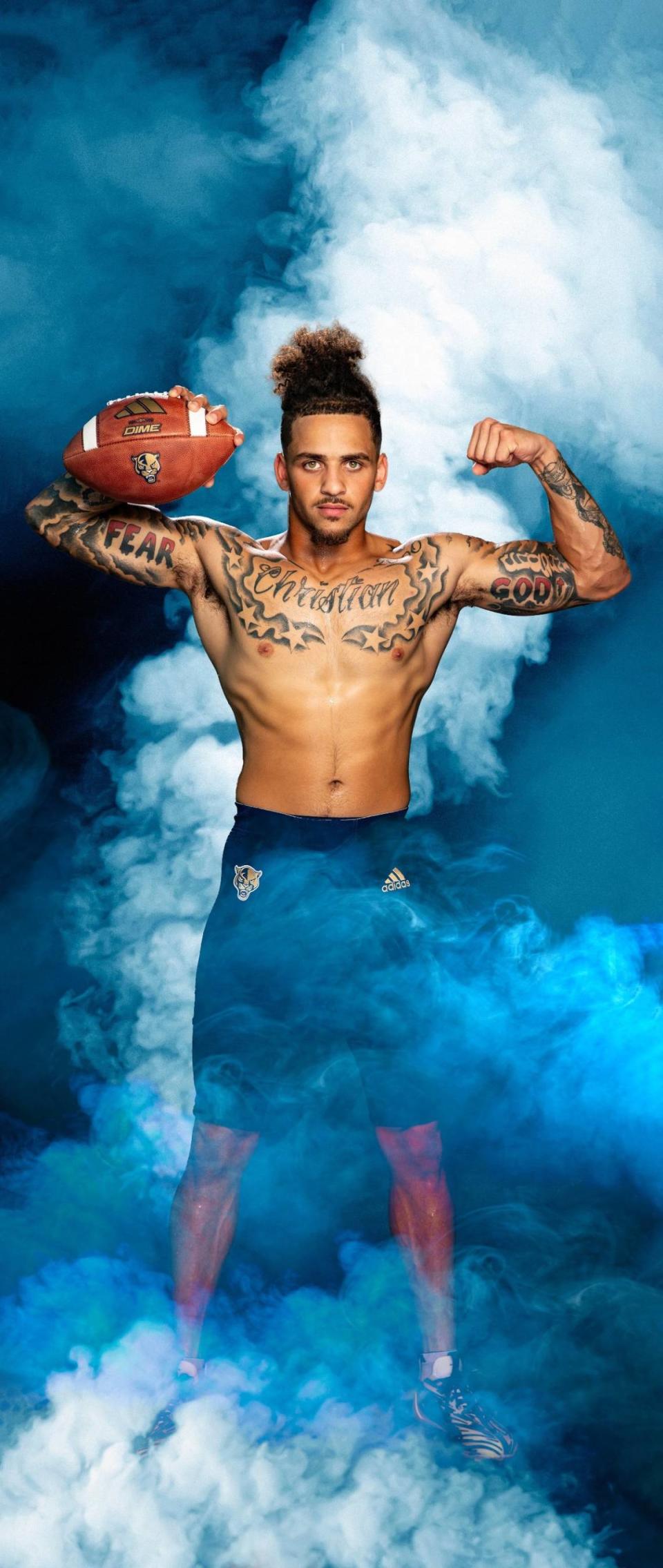 FIU Panthers defensive back CJ Christian displays his tattoos at Florida International University in Miami on Tuesday, August 22, 2023.