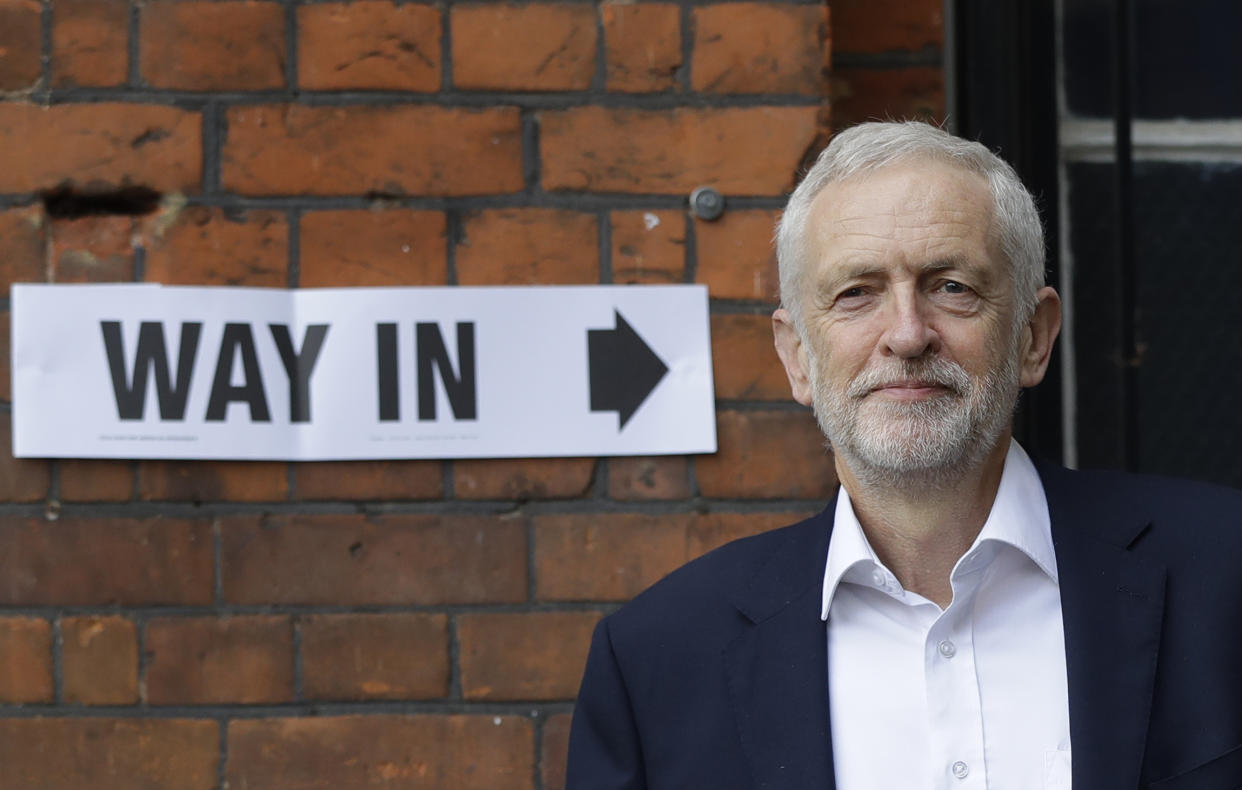 Jeremy Corbyn leader of Britain's opposition Labour Party leaves a polling station after voting in the European Elections in London, Thursday, May 23, 2019. (AP Photo/Kirsty Wigglesworth)