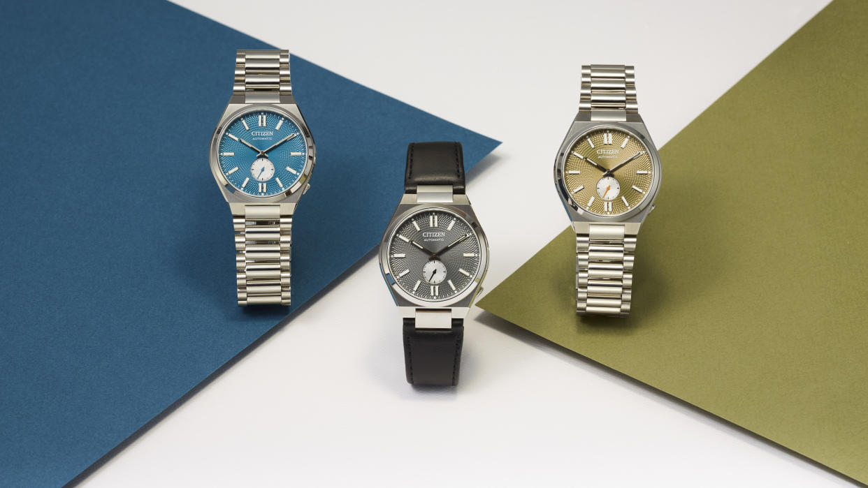  The Citizen Tsuyosa Small Seconds shown in three different configurations on a white, blue and green background. 
