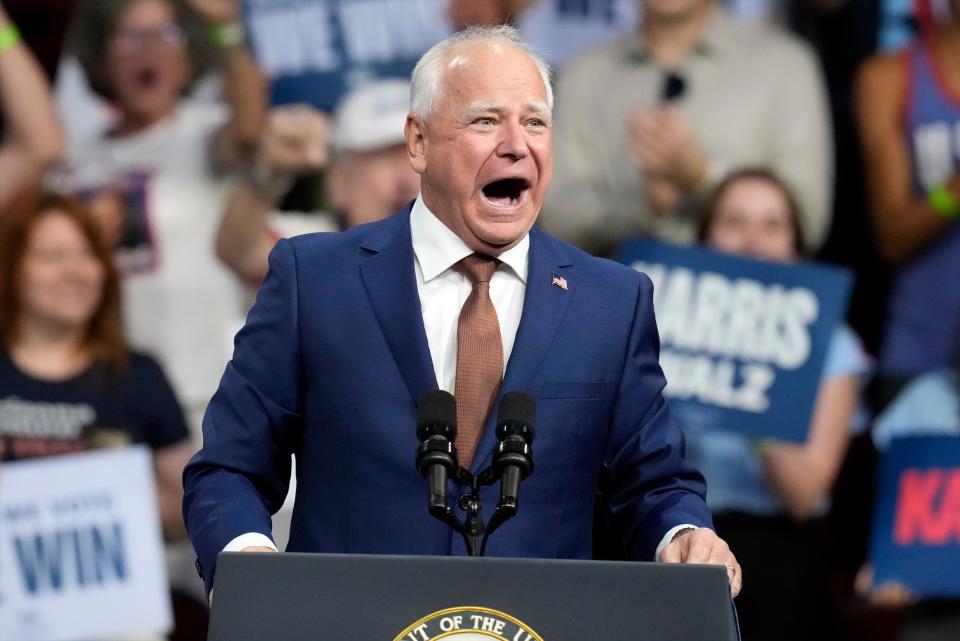 Democratic vice presidential nominee Minnesota Gov. Tim Walz speaks at a campaign rally at Desert Diamond Arena, Friday, Aug. 9, 2024, in Glendale, Arizona (AP)