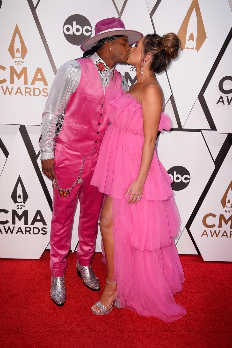 Jimmie Allen and his wife, Lexi Allen, arrive for the 55th CMA Awards at Bridgestone Arena on Nov. 10 in Nashville.