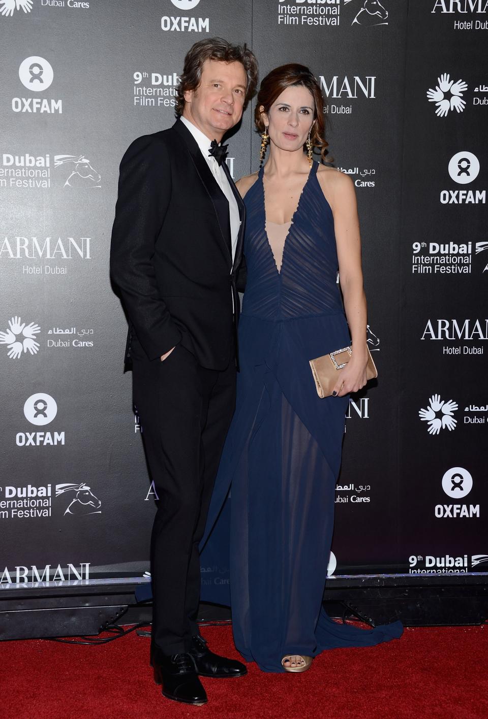 DUBAI, UNITED ARAB EMIRATES - DECEMBER 14: Actor Colin Firth with his wife Livia attend the 2012 Dubai International Film Festival, Dubai Cares and Oxfam "One Night to Change Lives" Charity Gala at the Armani Hotel on December 14, 2012 in Dubai, United Arab Emirates. (Photo by Andrew H. Walker/Getty Images for DIFF)