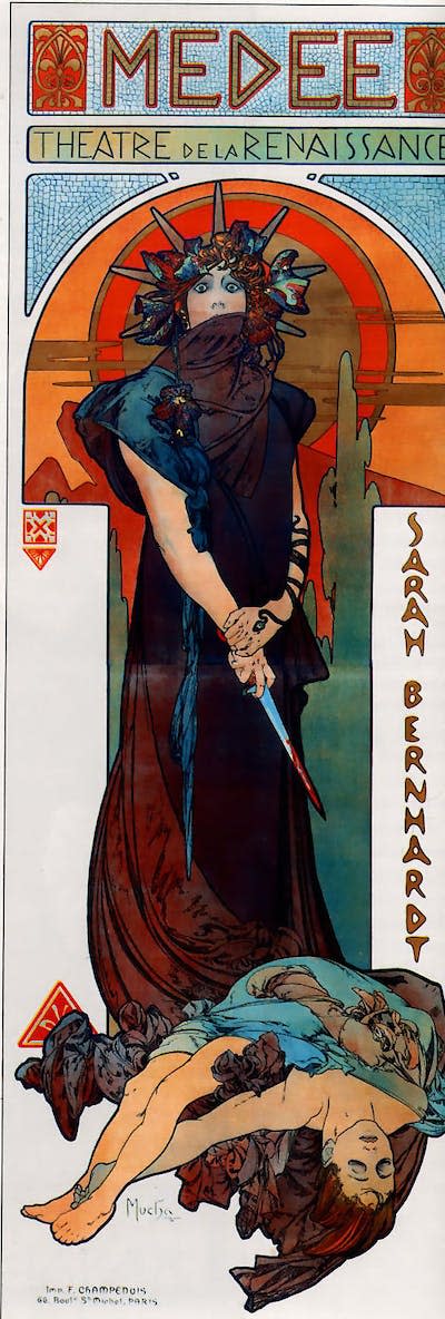 Cartel de una representación de <em>Medea</em>, interpretada por Sarah Bernhardt, de Alfons Mucha. <a href="https://commons.wikimedia.org/wiki/File:Alfons_Mucha_-_Medea.jpg" rel="nofollow noopener" target="_blank" data-ylk="slk:Arts Renewal Center;elm:context_link;itc:0;sec:content-canvas" class="link ">Arts Renewal Center</a>