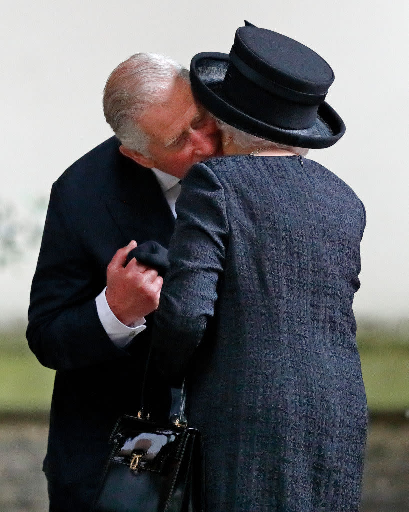 Charles kisses his mother on the cheek at the funeral of Patricia Knatchbull, Countess Mountbatten of Burma on June 27, 2017. (Getty Images)