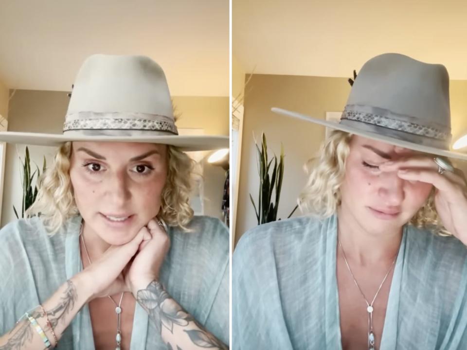 Screenshots of Madia's YouTube video, wearing a cowboy hat and appearing emotional.