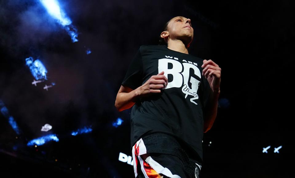 Phoenix Mercury star Diana Taurasi takes to the court wearing a 'We are BG 42' shirt in honor of teammate Brittney Griner before the home opener in May. Taurasi and Griner played together for several seasons in Russia.
