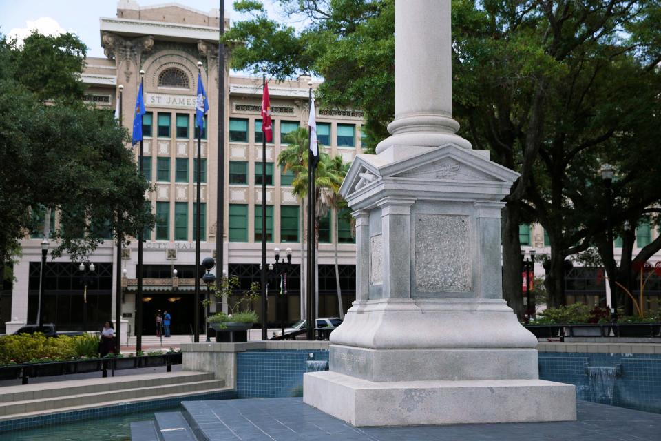 The obelisk -- shown in this 2022 photograph -- which was the remaining part of the Confederate monument in James Weldon Johnson Park across the street from Jacksonville City Hall was taken down during the weekend.