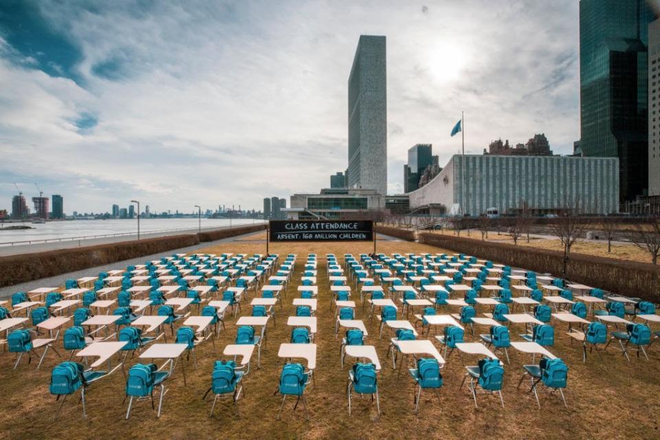 March 2: UNICEF unveils “Pandemic Classroom” exhibit at United Nations Headquarters in New York City to raise awareness about the more than 168 million children globally without access to in-person learning for nearly a full year. (Getty Images)