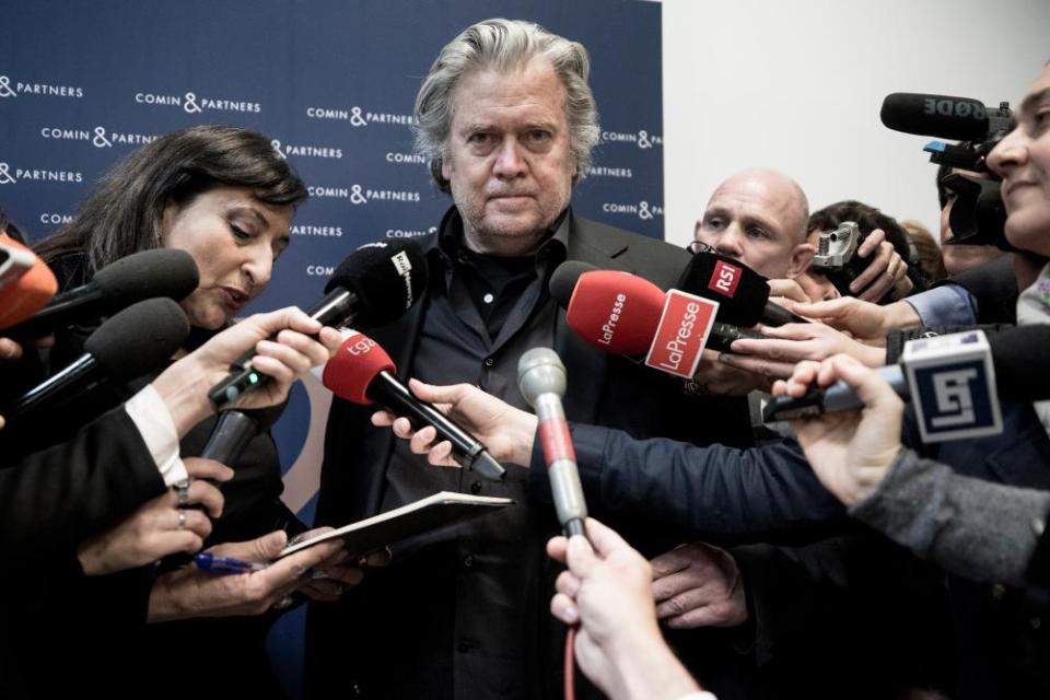 Steve Bannon talks to media during the ‘Sovereignism v Europeanism’ debate on 25 March 2019 in Rome, Italy.