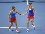 Tennis - Fed Cup Final - France v Czech Republic - Strasbourg, France - 13/11/16 - Czech Republic's Karolina Pliskova and Barbora Strycova during their match against France's Caroline Garcia and Kristina Mladenovic. REUTERS/Vincent Kessler