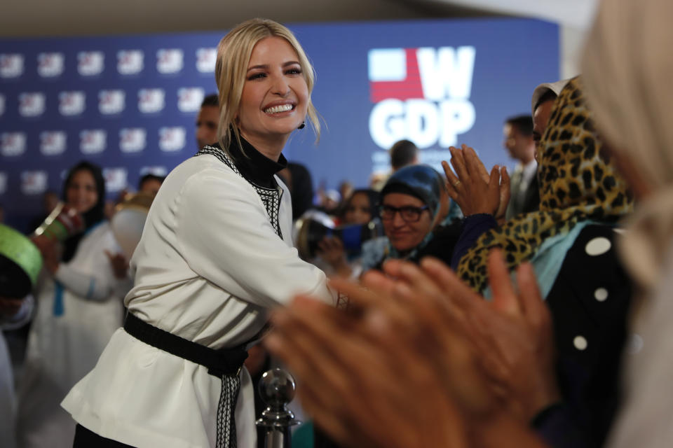 Ivanka Trump, the daughter and senior adviser to President Donald Trump meets women during a ceremony in the province of Sidi Kacem, Morocco, Thursday, Nov. 7, 2019, at an olive grove collective where Trump met with local women farmers who are benefitting from changes allowing them to inherit land. (AP Photo/Jacquelyn Martin)