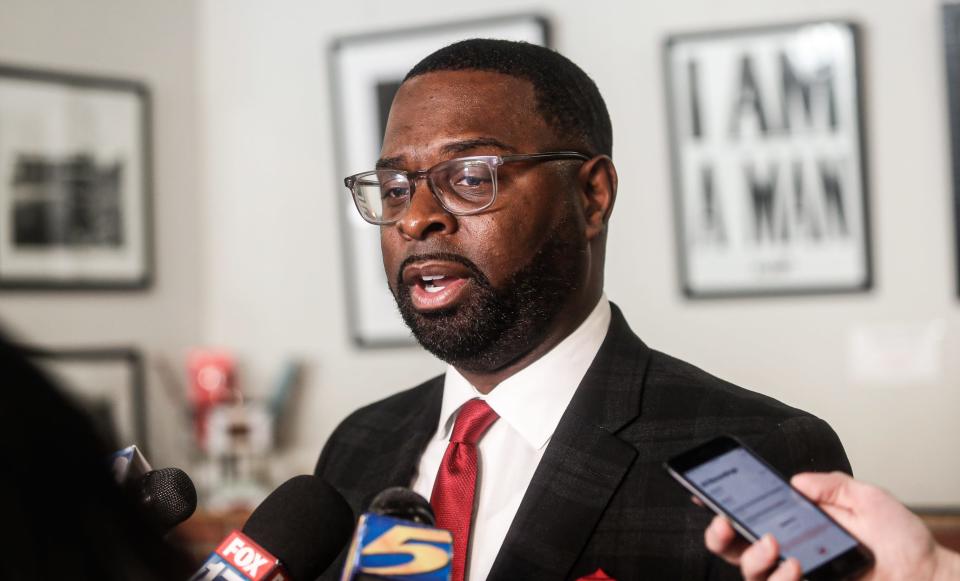 Mayor Paul Young speaks to the press after the announcement, through the partnerships of the Tennessee Department of Tourist Development and Memphis tourism, of the Withers Collection Museum & Gallery becoming a new Tennessee site on the U.S. Civil Rights Trail at 333 Beale Street on Tuesday, Feb. 06, 2024 in Memphis, Tenn.