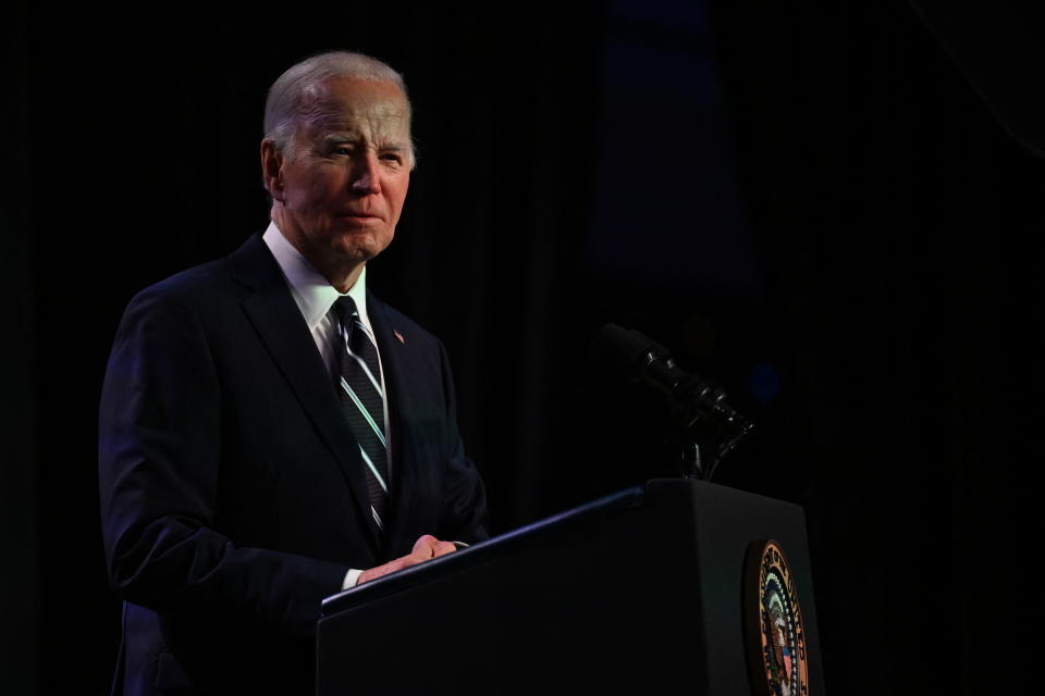 US President Joe Biden speaks during the National Association of Counties Legislative Conference at the Washington Hilton, in Washington, DC, on February 12, 2024. (Photo by Jim WATSON / AFP) (Photo by JIM WATSON/AFP via Getty Images)