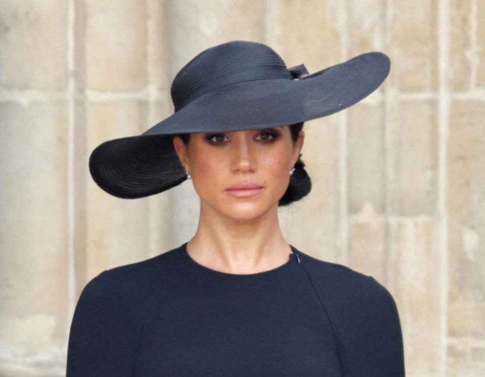 Meghan, Duchess of Sussex is seen during The State Funeral Of Queen Elizabeth II at Westminster Abbey on September 19, 2022 in London, England. Elizabeth Alexandra Mary Windsor was born in Bruton Street, Mayfair, London on 21 April 1926. She married Prince Philip in 1947 and ascended the throne of the United Kingdom and Commonwealth on 6 February 1952 after the death of her Father, King George VI. Queen Elizabeth II died at Balmoral Castle in Scotland on September 8, 2022, and is succeeded by her eldest son, King Charles III. (Photo by Chris Jackson/Getty Images)