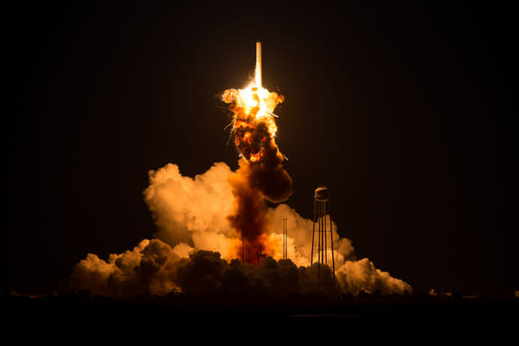 The Orbital Sciences Corporation Antares rocket, with the Cygnus spacecraft onboard suffers a catastrophic anomaly moments after launch from the Mid-Atlantic Regional Spaceport Pad 0A, Tuesday, Oct. 28, 2014, at NASA's Wallops Flight Facility i