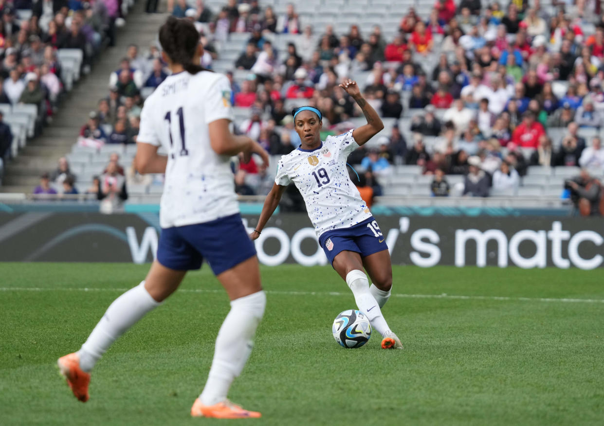 USWNT defender Crystal Dunn (19) plays the ball against Vietnam during their 2023 World Cup opener.