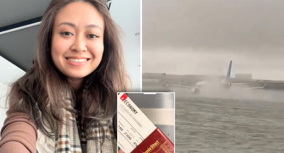 A woman smiles at the camera (left) and a picture of an Emirates boarding pass (inset) with flooding seen at Dubai airport (right). 