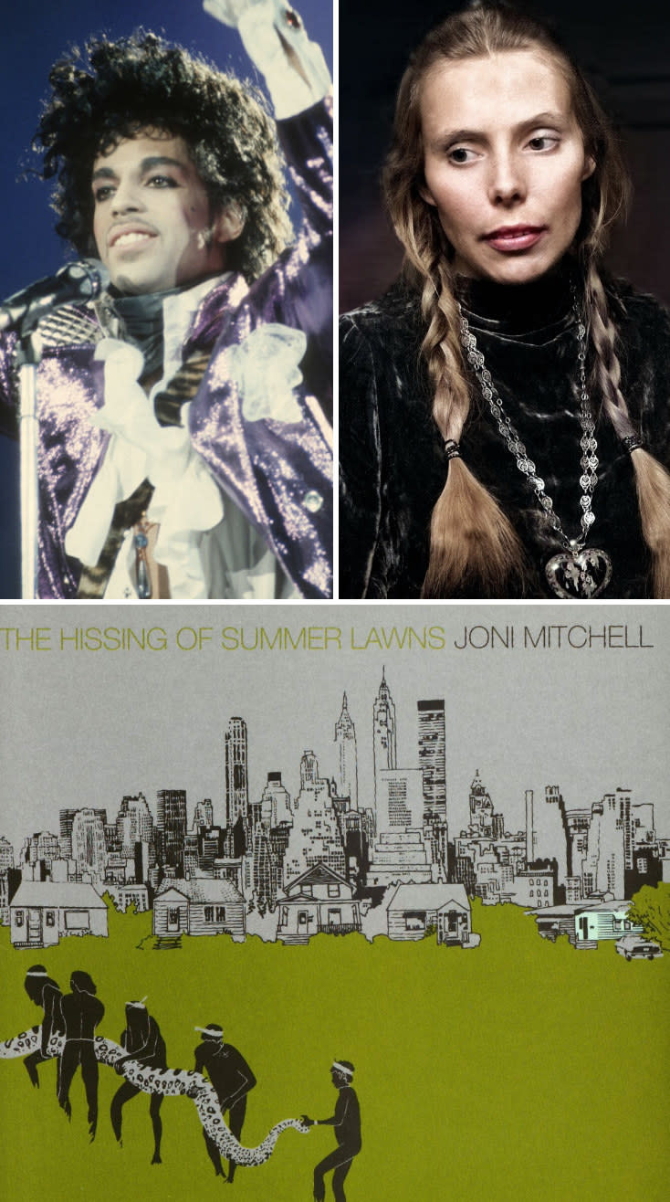 Prince performing in 1984; Picture of Joni Mitchell in the mid-'70s; Mitchell's cover for "The Hissing of Summer Lawns"