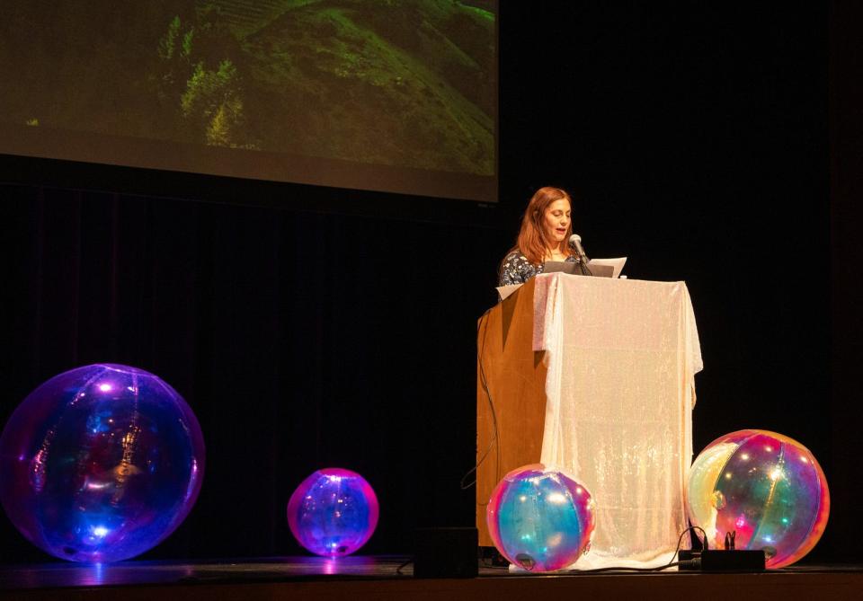 Stacy Bridavsky gives an emotional and sincere speech commemorating Lil Bub's life at Remembering Lil Bub at Buskirk-Chumley Theater on Saturday, Feb. 3, 2024.