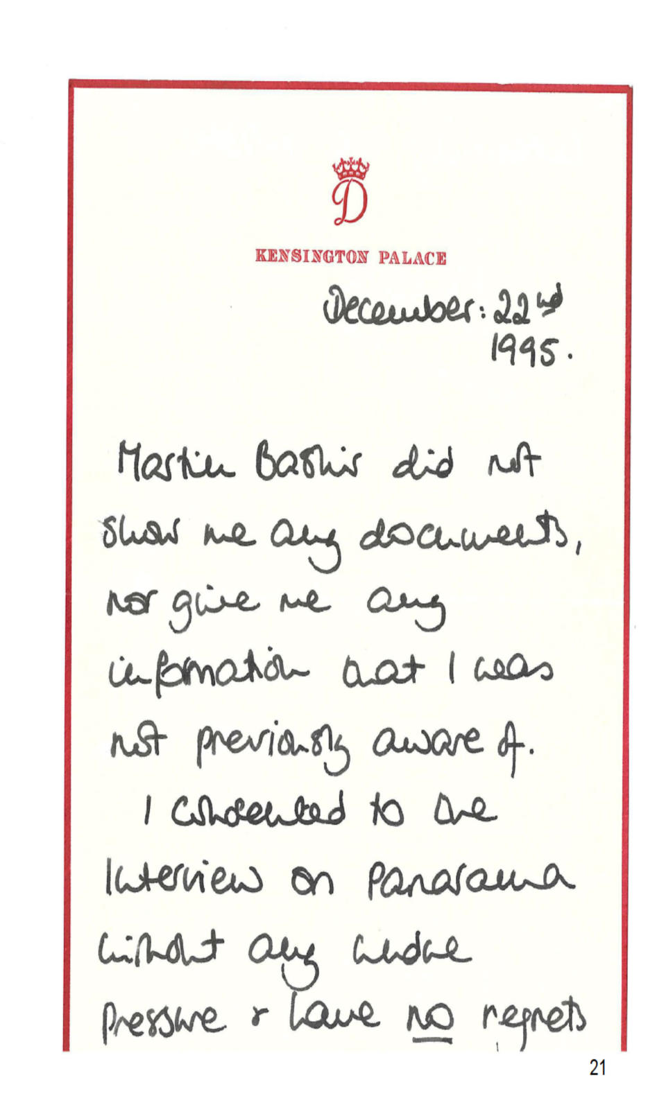 1/2 The letter written by the Princess of Wales to Martin Bashir after her 1995 Panorama interview with him, as published in an Annex to Lord Dyson's independent investigation into the circumstances around the programme. Issue date: Thursday May 20, 2021.