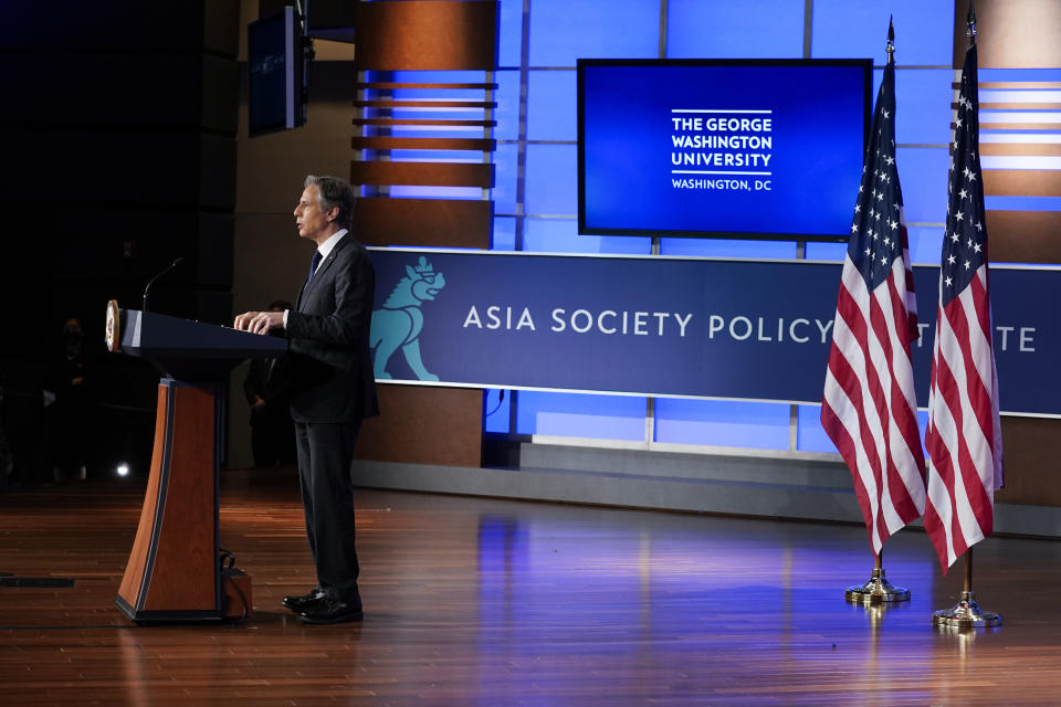 Secretary of State Antony Blinken speaks at George Washington University in Washington, Thursday, May 26, 2022, outlining the administration's policy toward China at an event hosted by the Asia Society. (AP Photo/ Carolyn Kaster)