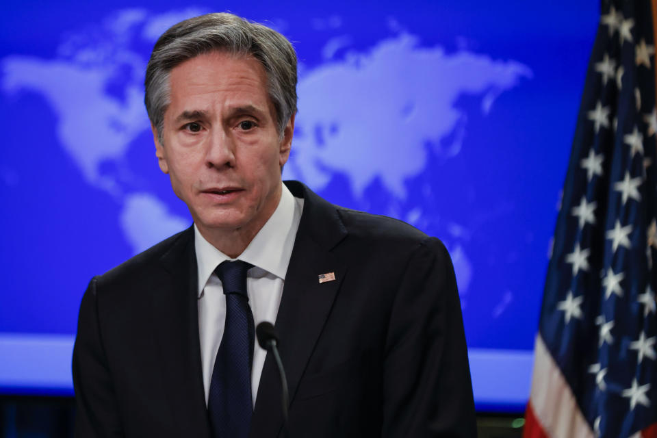 Secretary of State Antony Blinken speaks to reporters during a press briefing at the State Department in Washington, Wednesday, Jan. 27, 2021. (Carlos Barria/Pool Photo via AP)