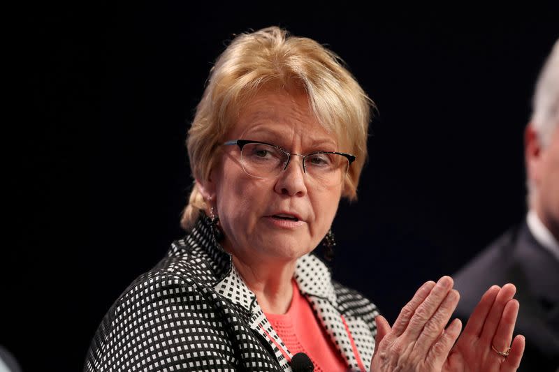 FILE PHOTO: Vicki Hollub, President and CEO of Occidental Petroleum, speaks at the 2019 Milken Institute Global Conference in Beverly Hills