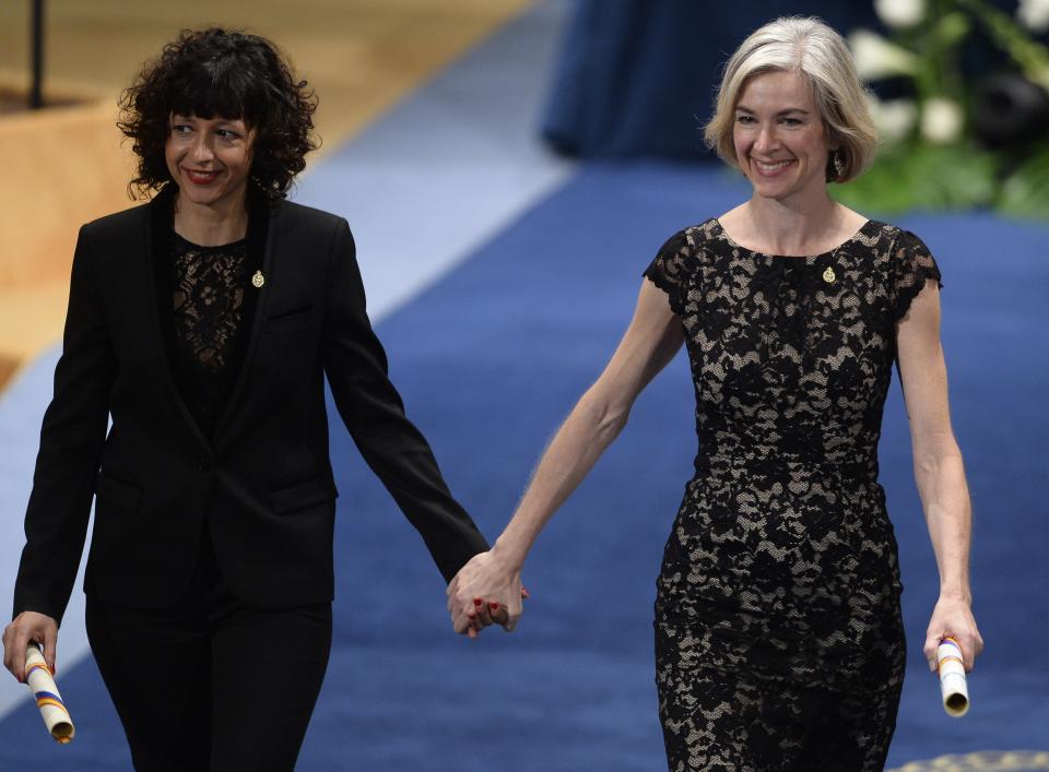 Dr. Emmanuelle Charpentier and Dr. Jennifer Doudna after receiving the 2015 Princess of Asturias Award for Technical and Scientific Reseach