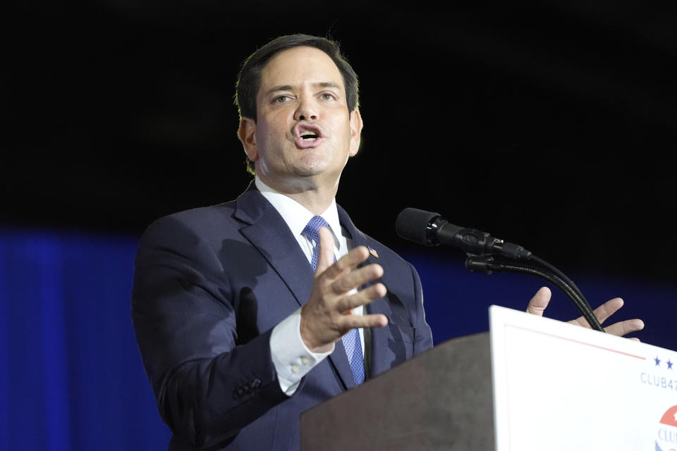 Sen. Marco Rubio, R-Fla., speaks before Republican presidential candidate former President Donald Trump speaks at his birthday celebration, hosted by Club 47, in West Palm Beach, Fla., Friday, June 14, 2024. (AP Photo/Gerald Herbert)