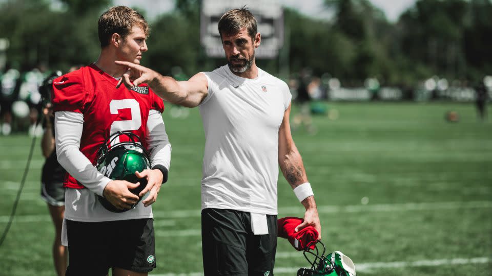 A scene from this season's "Hard Knocks: Training Camp with the New York Jets," featuring Aaron Rodgers, right. - HBO