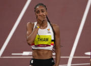 Nafissatou Thiam, of Belgium reacts after winning the gold medal in the heptathlon at the 2020 Summer Olympics, Thursday, Aug. 5, 2021, in Tokyo, Japan. (AP Photo/Charlie Riedel)