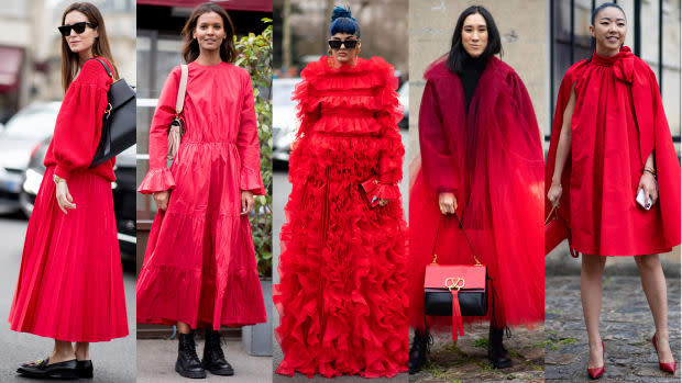 Red outfits at Paris Fashion Week. Photos: Imaxtree (2); Chiara Marina Grioni/Fashionista (3)