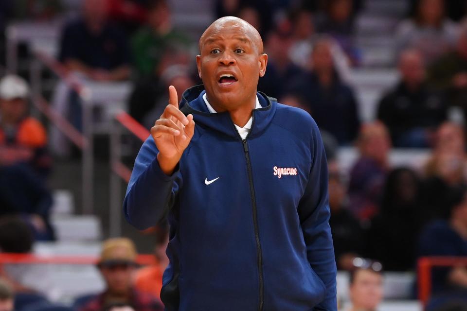 Oct 14, 2022; Syracuse, New York, US; Syracuse Orange associate head coach Adrian Autry calls a play during the Orange Tip Off at the JMA Wireless Dome. Mandatory Credit: Rich Barnes-USA TODAY Sports