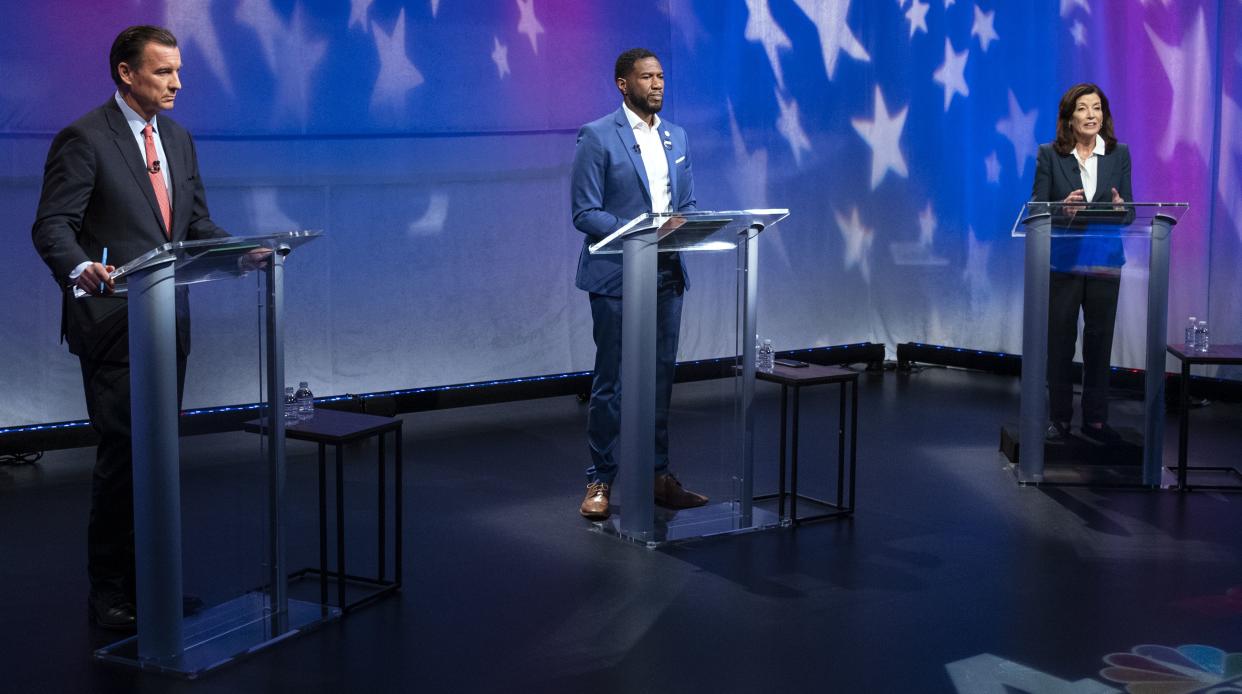 From left, Rep. Tom Suozzi (D-N.Y.), New York Public Advocate Jumaane Williams, and New York Gov. Kathy Hochul face off during a New York governor primary debate in Manhattan, New York on Thursday, June 16, 2022.