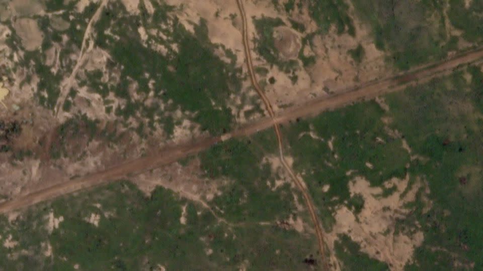 A satellite image from August 29, 2024, shows a newly-built trench near Barsalogho, Burkina Faso, days after hundreds of people were killed by suspected jihadists there. - 2024 Planet Labs Inc./Reuters