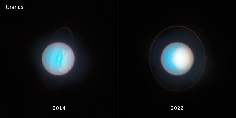 Uranus seen by Hubble in 2014 and 2022.