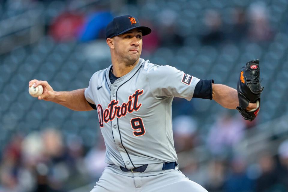 Tigers pitcher Jack Flaherty delivers a pitch against the Twins in the first inning on Friday, April 19, 2024, in Minneapolis.