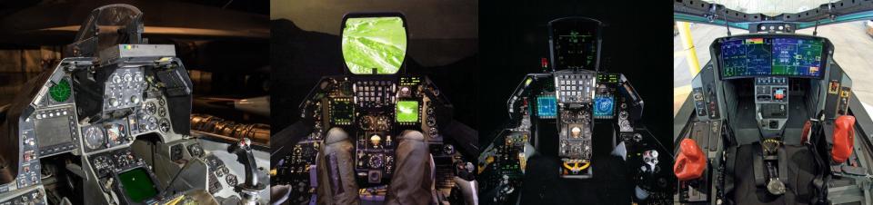Evolution of the F-16 cockpit (F-16A, F-16C Block 40/42, F-16C Block 50/52) compared to the F-35's sensor fusion-tailored cockpit. (NMOTUSAF, Lockheed)