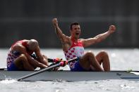 <p>Gold medalists Martin Sinkovic and Valent Sinkovic of Team Croatia take top prize in the Men's Pair Final A at Sea Forest Waterway on July 29.</p>